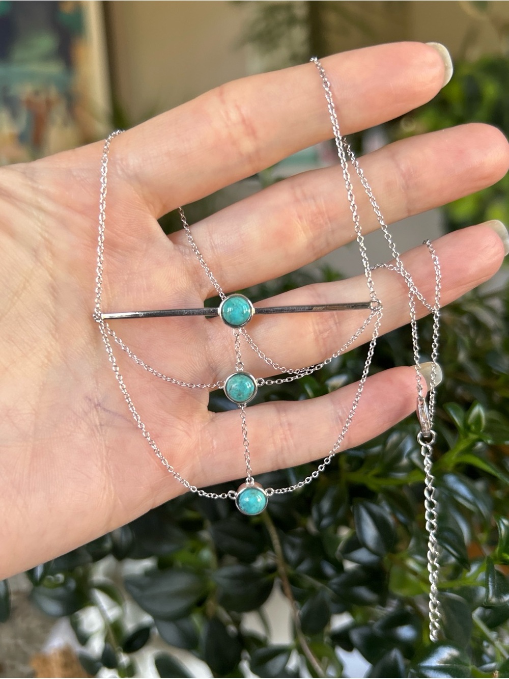 Sterling Silver Layered Necklace with Turquoise Stones